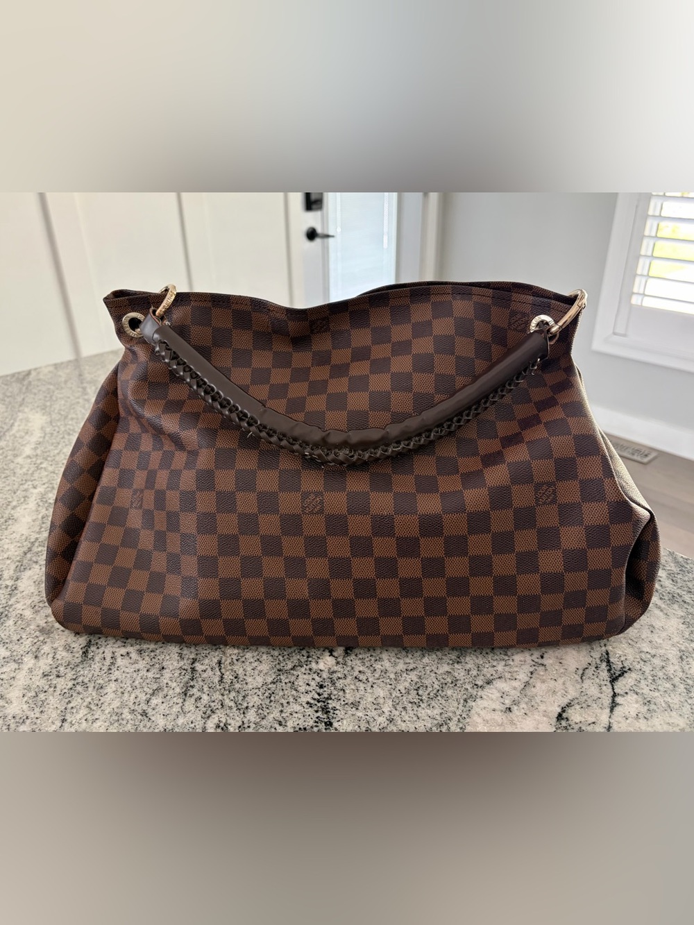 Classic Checker-Print Brown Shoulder Bag